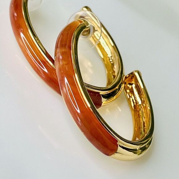 Kara Ross Black Label by Chico’s Tortoise Resin Gold Tone Earrings Open Hoop - Picture 3 of 9